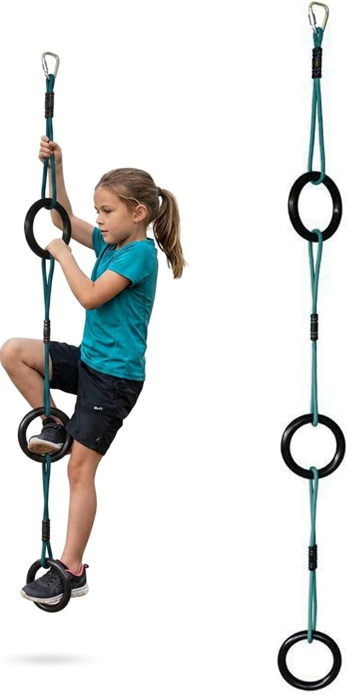 Vine Rings – Gymnastics Rings for Kids | 3-Ring Red Ninja Rope Ladder Climber | Gymnastic Hanging Rings | Playground Accessories | Ninja Warrior Obstacle Course Add-On