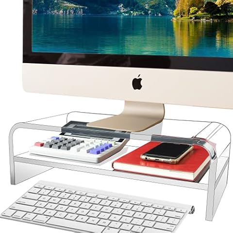 Acrylic Monitor Stand 2 Tier, TINOMAR Computer Monitor Stand Riser for iMac, PC, Desktop, Laptop, TV Screen, Printer with Sturdy Platform, Transparent Ergonomic Monitor Stand for Home and Office Cover