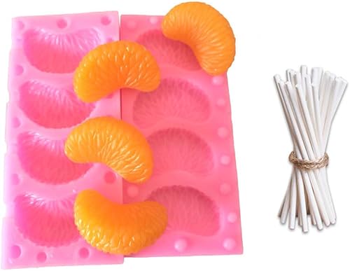 Molde de silicona 3D para rebanadas de mandarina con 20 palitos de piruleta, segmentos de naranja mandarina, molde de glaseado para pasta de goma de