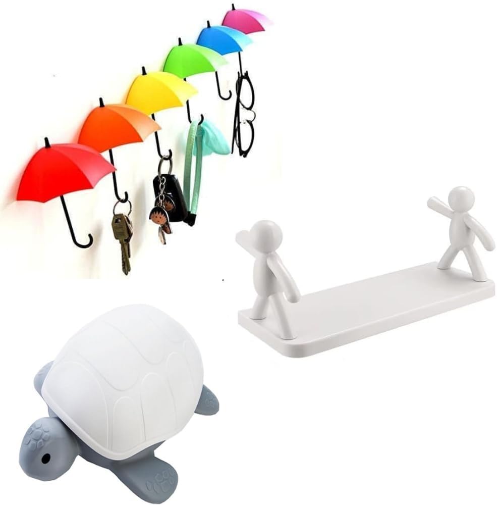 GenericSJ Enterprises Combo Turtle Formed Self Draining Kids soap Plastic Umbrella Key Hat Wall Multipurpose Holder Hanger Wall Mounted Plastic Toilet Friend Shelf with 2 Self Adhesive