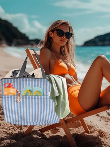 Mesh Beach Bag Oversized Tote Bags for Women Light Blue Stripe Large Travel Pool Bags with 8 Pockets4