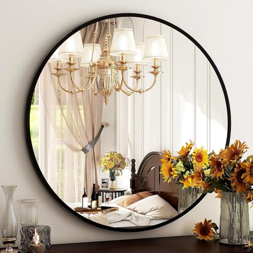 HARRITPURE Round Mirror 30 Black Wall Mounted Circle Mirrors Vanity Mirror with Brushed Aluminum Alloy Frame Modern Decoration for Bathroom, Living Room, Vanity, Bedroom, Entryway - Image 7