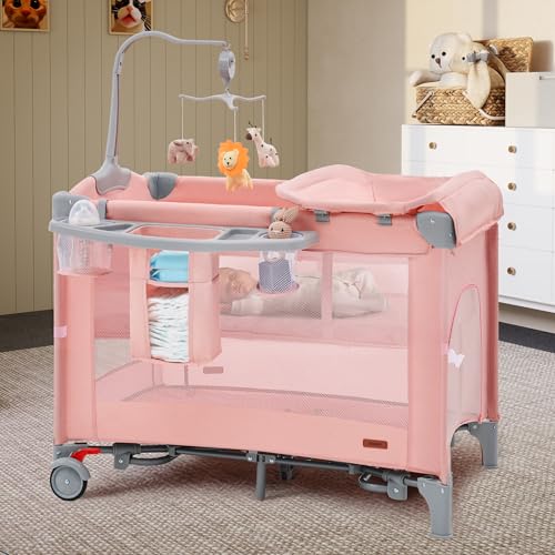 Image of HARPPA Pack and Play 6 in 1, Portable Baby Playard for Travel, Baby Bassinet Bedside Sleeper with Mattress, Rolling Bassinet for Infant, Pack n Play with Changing Table, Bed Crib(Pink)