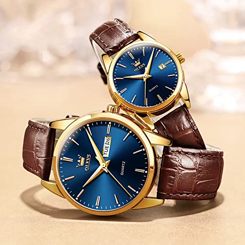 Image of OLEVS Couple Watches Quartz Calendar Luminous Waterproof Leather Luxury Casual Wrist Watch for Men & Women Best Gift for Anniversary, Valentine's Day