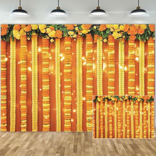 Image of 7x5FT Indian Pooja Backdrop, Yellow Flowers Curtain Traditional Chatiya Navratri Ganpati Ganesh Marigold Photography Background, Festival Wedding Party Decoration