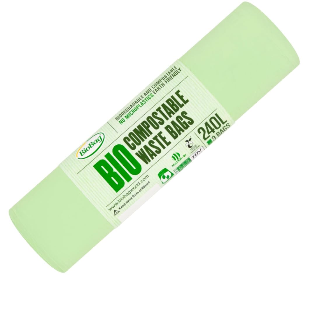BioBag 240L Compostable Wheelie Bin Liners – 3 Extra Large Garden & Outdoor Bin Bags – EN 13432 & OK Compost Certified – Green