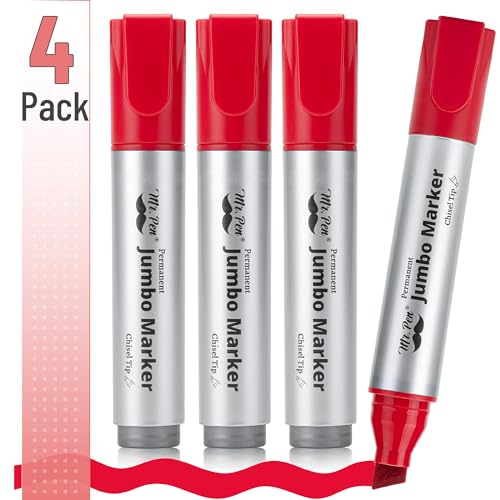 Image of Mr. Pen- Jumbo Permanent Markers, 4 Pack, Red, Chisel Tip, Wide Tip, Large | Thick Permanent Markers for Canvas, Posters Board, Fabric, Window, Glass, Wood, Waterproof, Quick Dry