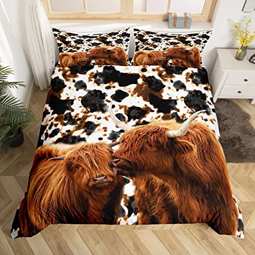 feelingyou Highland Cow Duvet Cover Set Single Size, Ink Milk Skin Fur Print Tribal Tie Dye Comforter with 1 Pillow Sham