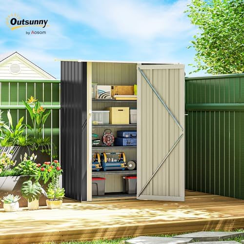 Outsunny 5' x 3' Outdoor Storage Shed, Metal Garden Tool Shed with Pent Roof, Lockable Door for Tool, Equipment, Dark Grey