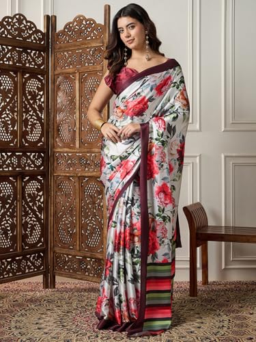 Image of AKHILAM Women's Multicolor Satin Silk Floral Printed Saree With Unstitched Blouse (SATIN1403 RJ11 Parent)