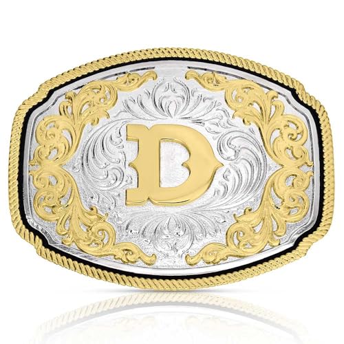 Montana Silversmiths Engraved Filigree Silver and Gold Tone Initial Rope Border Western Belt Buckle