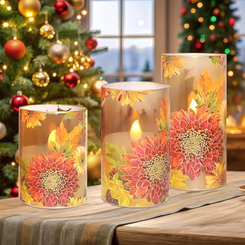 Image of Flameless Candles Chrysanthemum Decal with Remote & Timer - Real Wax Flickering Battery Operated Candles - Home Farmhouse Holiday Spring Decorations - Set of 3