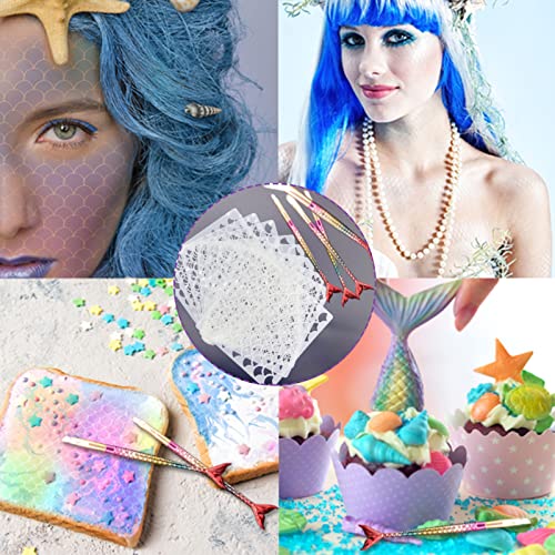 Image of 9 Pieces Mermaid Scale Stencil - Reusable Mermaid Face Makeup Stencils Fish Scale Templates and 4 Pcs Eye Makeup Brushes - Women Girl Cute Make Up DIY Tool Set