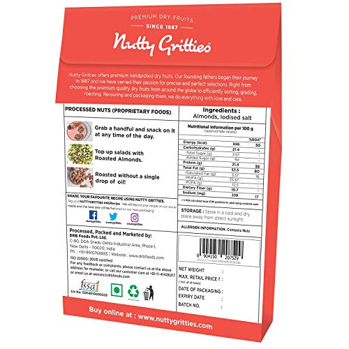 Image of Nutty Gritties Salted Almonds Premium Pack 250g- Roasted and Lightly Salted, Non Fried, Zero Oil, Crunchy Healthy Snack