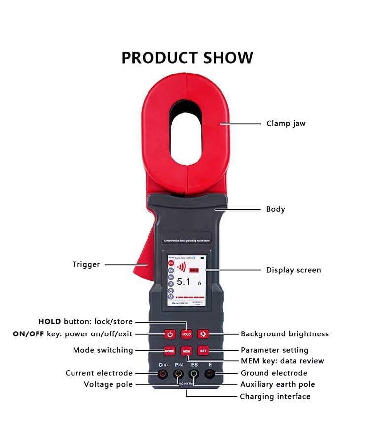 Clamp Earth Resistance Tester Meter Ground Pile Type with Earth Resistance 0.00Ω~20kΩ Soil Resistivity 0.00Ωm~9999kΩm Earth Current 0.000mA~20A Earth Voltage 0.0V~600.0V 500 Groups Data Storage