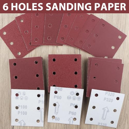 SRunDe 80 Stück Schleifpapier Klettscheiben Kit 115x101mm 40 60 80 100 120 180 240 320 klettschleifpapier 6 Löcher Kompatibel mit Makita BO4555 BO4554 BO4561 DBO484Z DBO480Z BO4565K BO4565J BO4565