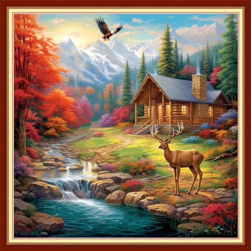 Image of Foxhool Beginners Cross Stitch Kits Stamped Full Range of Embroidery Kits for Adults DIY Cross Stitches kit Embroidery Patterns for Needlepoint kit-Hut Scenery 18x18 inch