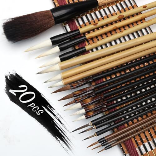 LAFUTURE 20 PCS Writing Brush Set - Chinese Calligraphy Brushes with Kanji, Japanese Sumi Painting & Drawing Brushes, 19 Piece/Set + Roll-up Bamboo Brush Holder