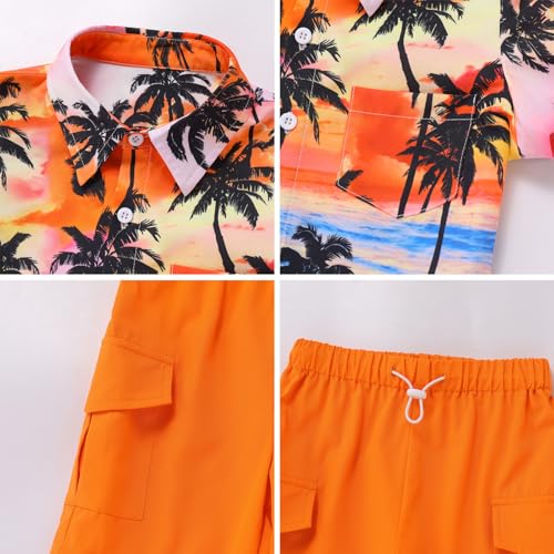 Image of IBTOM CASTLE Boys Hawaiian Button Down Shirts and Short Sets with Bucket Hat Kids Summer Vacation Outfits Tropical Shirt