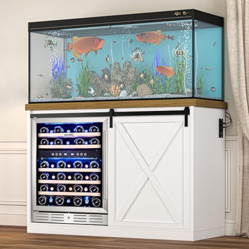 Image of 49.2 inch Coffee Bar Cabinet with Mini Fridge Space, Farmhouse Wine Bar Cabinet with Barn Doors, Fridge Cabinet with Power Outlet, Wine Rack, Glass Holder for Kitchen Dining Room Living Room (White)