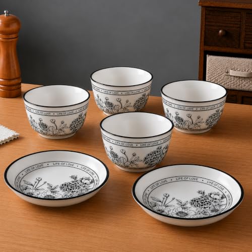 Image of 6-Piece Ceramic Dinner Set, 2 Plates & 4 Bowls, Microwave Safe, Dishwasher Safe, Floral Dinnerware (Grey + White Floral, 2 Plate & 4 Bowl Set)