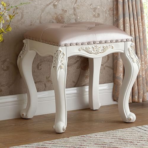 Taburete de tocador de madera maciza, silla de maquillaje vintage con asiento acolchado, elegante taburete de madera con patas, elegante banco de tocador tapizado para dormitorio o sala de maquillaje