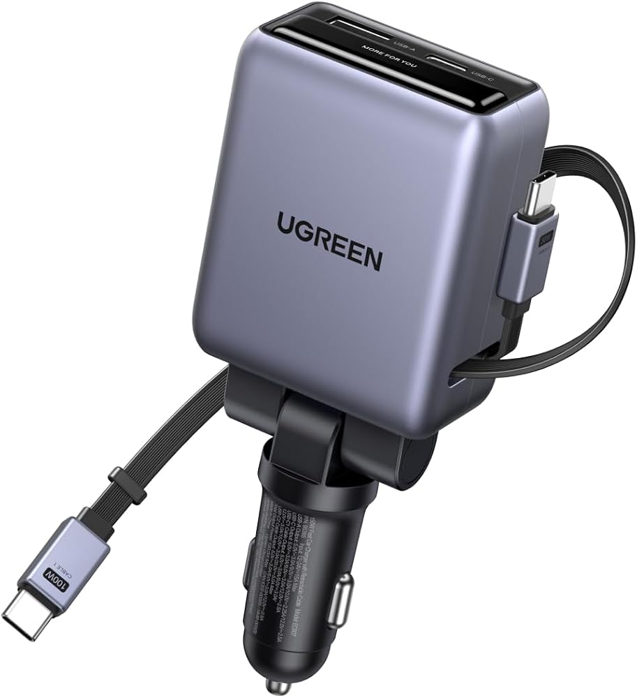 UGREEN 150W 4-Port Retractable Car Charger with 100W Retractable Cable — 사진 1
