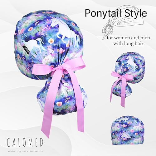 Image of Scrub Cap for Women and Men, Ponytail Scrub Caps, Working Hat, Head Cover with Ribbon Ties and Buttons, Long Hair