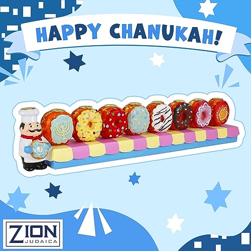 Baker and Doughnuts Children's Candle Menorah Hand Painted Mouthwatering Traditional Chanukah Sofganiyot Fits Standard Hanukkah Candles Collectible Chanukiyas by Zion Judaica