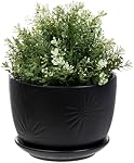 MyGift 7 Inch Round Matte Black Ceramic Plant Pot with Drainage Hole and Attached Saucer, Modern Decorative Embossed Sunburst Planter Container for Indoor Home Garden