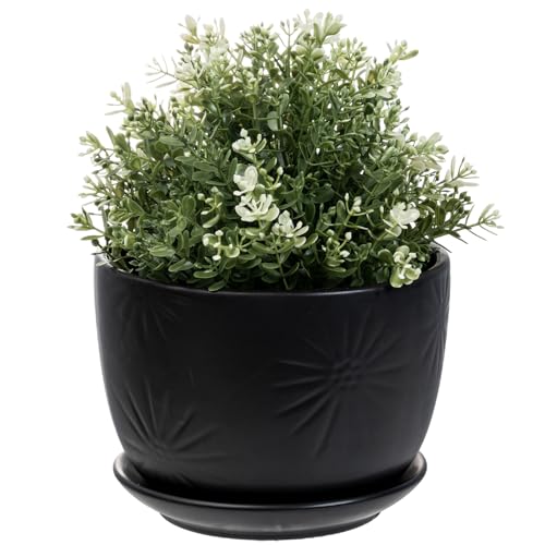 MyGift 7 Inch Round Matte Black Ceramic Plant Pot with Drainage Hole and Attached Saucer, Modern Decorative Embossed Sunburst Planter Container for Indoor Home Garden