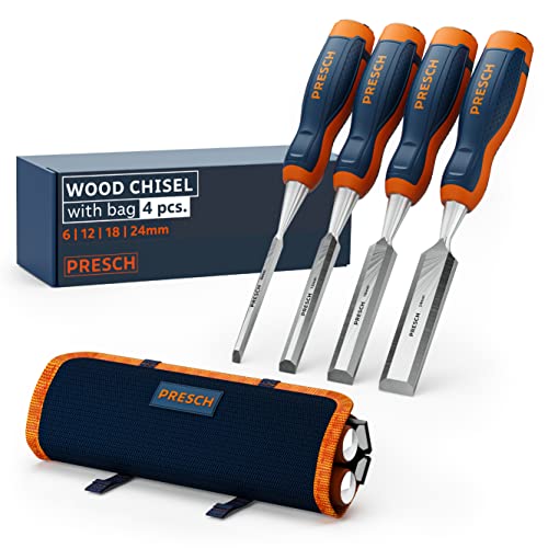 Presch Chisel Set for Wood 4 pc. with Bag - Sharp Chisel Set (6, 12, 18, 24mm) - Professional firmer Chisel Set with 25° Angle - Finished Ground Wood Chisel