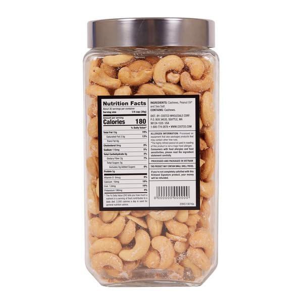 Premier Cashews , Uses W180 cashew, which is known internationally as the King of Cashew, bigger, tastier and more nutritious than any other type. Regular daily intake of cashew nuts can have a variety of health benefits, which support to prevent cardiovascular diseases, reduce the risk of diabetes, enhance bone and dental health. These premium quality nuts are packaged in glass jars with stainless steel lid and air-tight seal to maintain the proper moisture level, persevere the freshness and sweetness taste for a long time. [ 38 oz , 2.3 lb ]