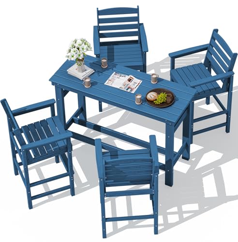 SERWALL Outdoor Bar Set - 4 Adirondack Bar Chairs & Bar Height Table with 1.6" Umbrella Hole, All-Weather HDPE Patio Furniture for Poolside, Backyard, Garden - Blue