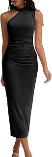 Women's Formal Wedding Guest One Shoulder Mesh Ruched Bodycon Cocktail Party Split Maxi Dresses