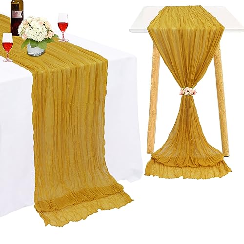 FUHSY 10 Pack 10FT Cheesecloth Table Runner Gold Gauze Fabric 35x120 Inches Farmhouse Linen Table Runner Cheese Cloths Runners for Tables Romantic Rustic Gazue Cheese Cloth Boho Decor for Wedding