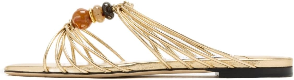 Womens Strappy Flat Slide Sandals Dressy Slip On Sandals Square Open Toe Beaded Summer Slides Vacation Resort Beach Shoes