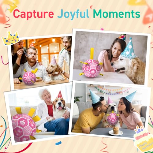 Image of QDAN Dog Birthday Toys, Puppy Gifts, Dog Soccer Ball with Straps, Pink | 8 Inch Outdoor Herding Balls for 30-90 lbs Dogs, Interactive Training Soccer Toy for Tug of War, Dog Ball to Keep Them Busy