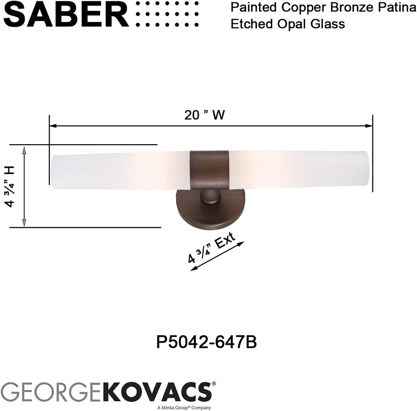 GEORGE KOVACS P5042-647B Saber Vanity Bath Light, 2-Light, 120 Total Watts, 4.75-in H x 20-in W, Painted Copper Bronze Patina