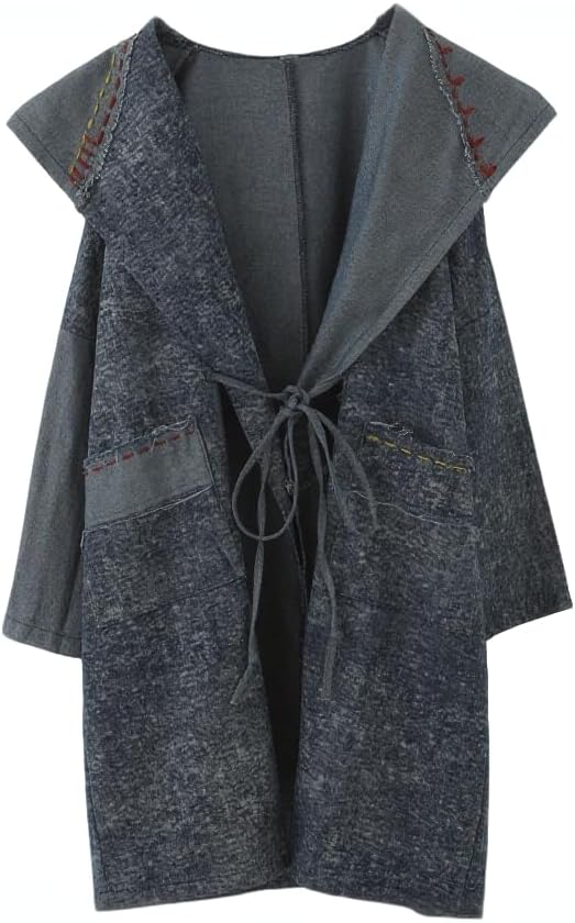 Women's Hooded Denim Coat Loose Fit Long Jacket with Tie Front & Patch Pockets Casual Fashion Outerwear - Image 9