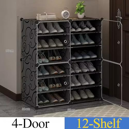 Image of Zemic DIY Shoe Rack Plastic Shoe Rack for Home PP Plastic Shelves Household, Shoe Rack with Door Outdoor for Heels /Shoes for Entryway,Hallway,Bedroom Living Room (Black, 12-Shelf-4-Door)