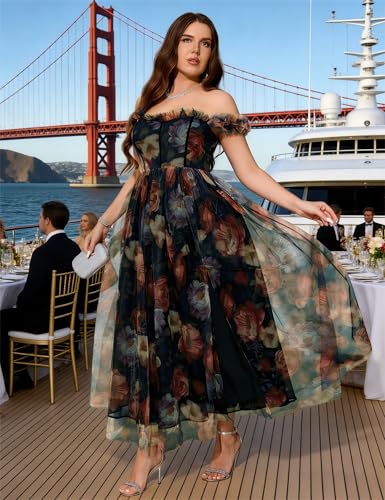 Image of EYWOL Plus Size Formal Wedding Guest Cocktail Party Floral Dress with Slit | Sweetheart, A Line, Midi\Maxi, Tulle, Curvy, Adjustable Straps, Smocked Back, Black Tie, Evening, Gown, Gala, Prom