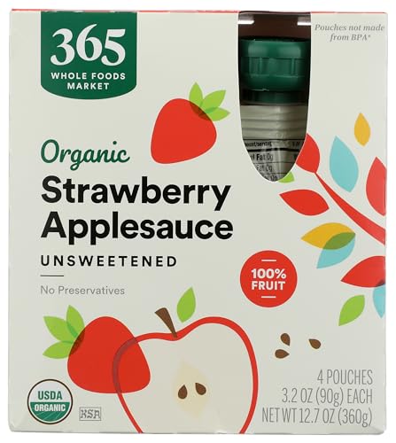 Image of 365 by Whole Foods Market, Organic Strawberry Applesauce Pouches, Unsweetened, 3.2 Ounce (Pack of 4)