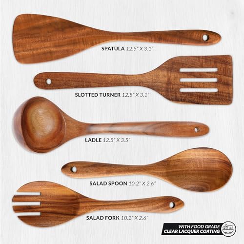 Zulay Kitchen Extra-Large 5-Piece Wooden Spoon Set - Smooth Teak Cooking Utensils - Comfort-Grip Non-Stick Turner, Spatula, Skimmer, Fork, Serving Spoon #3