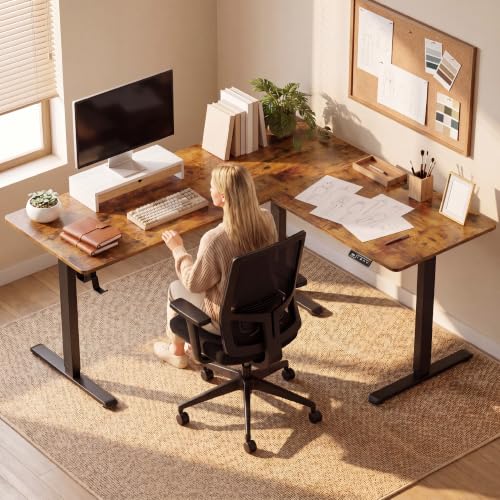 Image of Furmax 63 x 55 Inch L Shaped Standing Desk with 2 Preset Heights, Electric Height Adjustable Computer Table, 2 Hooks & Feet Balance, Corner Sit Stand Desk for Home Office (Rustic Brown, 63 x 55 Inch)