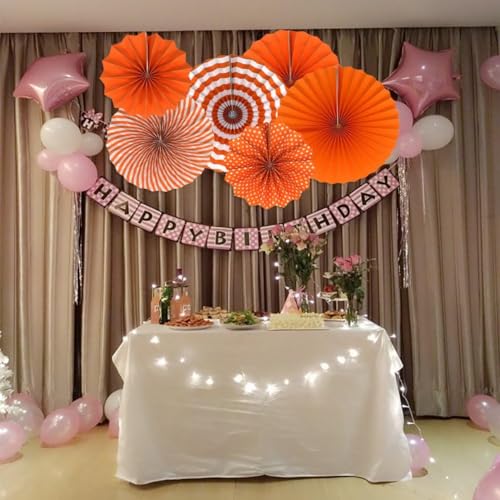 Image of 6 pcs Orange Hanging Paper Fans for Birthday Anniversary Bridal Shower Baby Shower Colorful Patterns Party Fans for Party Decoration Christmas Diwali & Wedding Decor (Pack of 6,Orange)