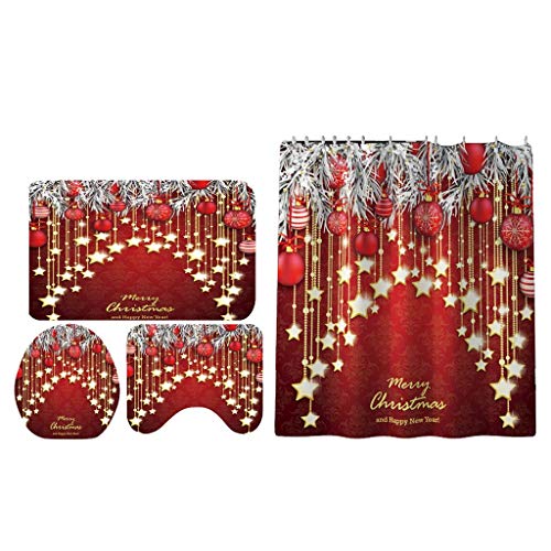 Tubayia Weihnachten Deko Badezimmer Zubehör Set Duschvorhang Badematte Toilettendeckelbezug Toilettenmatte