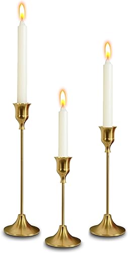 Juego de 3 portavelas cónicos dorados – Portavelas de metal vintage para decoración de bodas y el hogar