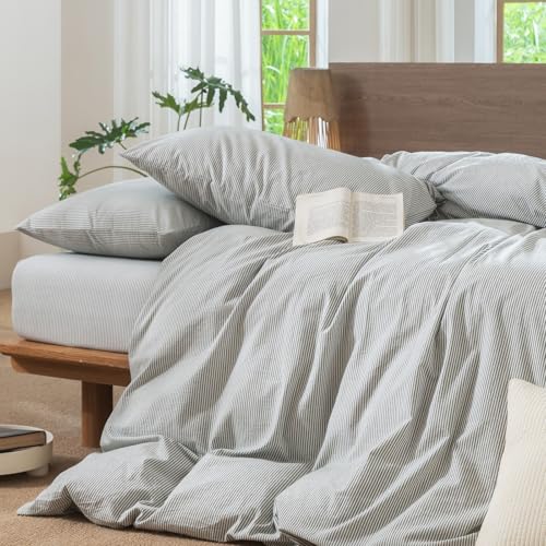 Image of MooMee Striped Duvet Cover Set 100% Washed Cotton Linen Like Queen | Relaxed Linen-like Texture. Soft, Breathable & Long-lasting Comfort. Lightweight. Hidden Zipper with 8 Interior Corner Ties