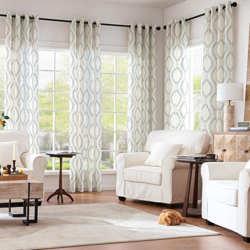 JINCHAN Linen Blend Curtains Beige Farmhouse Curtains 96 Inches Long Blue Embroidered Leaf Curtains for Living Room Ogee Geometry Drapes Light Filtering Grommet, 2 Panels Blue on Flax by jinchan - Image 3